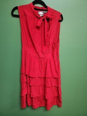 Girls from Savoy 100% Silk Ruffle Dress Coral Red Tie Neck Size 8